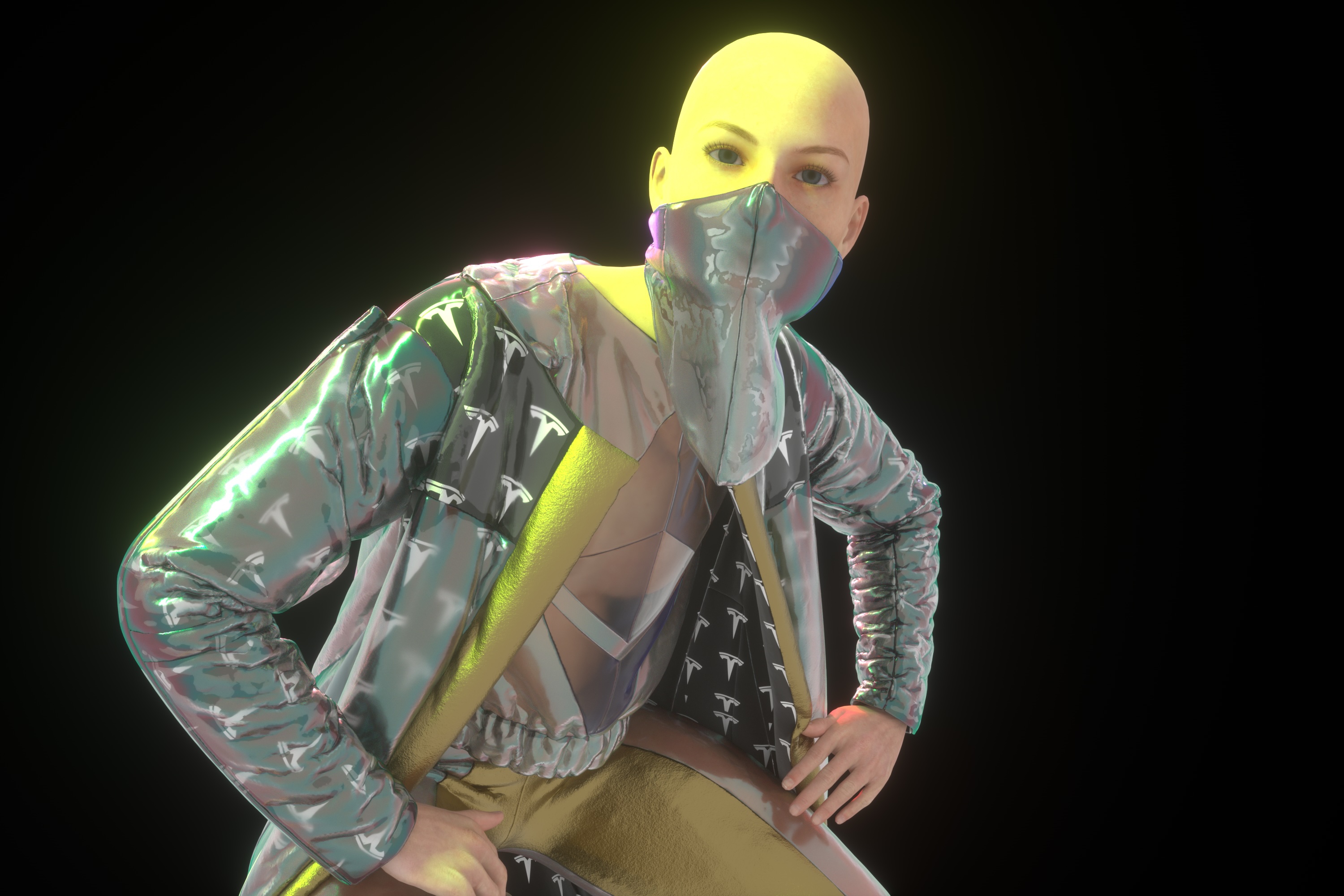 Still frame from Charter X showing a digital avatar in iridescent sci-fi fashion, glowing in green and magenta light