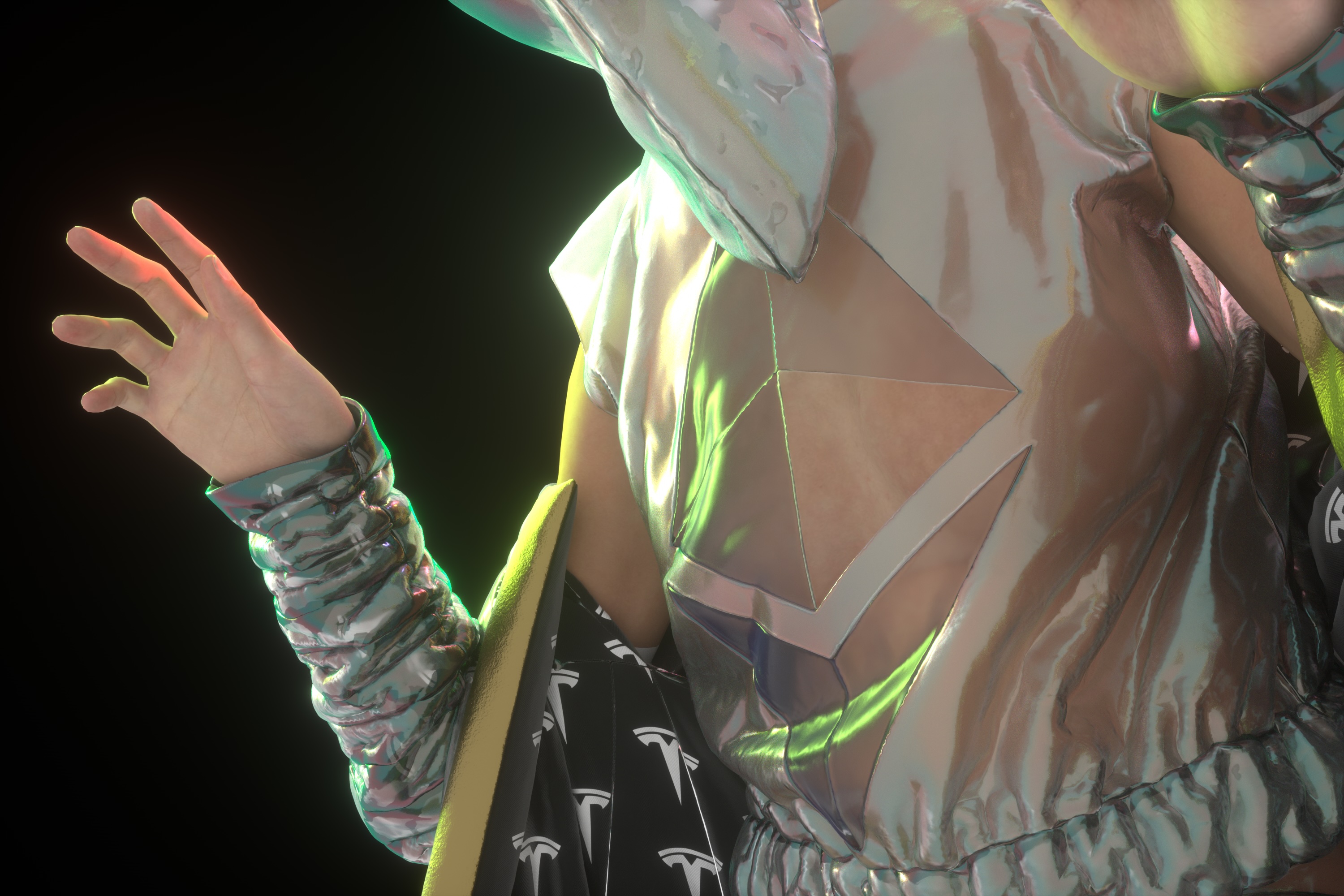 Still frame from Charter X showing a digital avatar in iridescent sci-fi fashion, glowing in green and magenta light