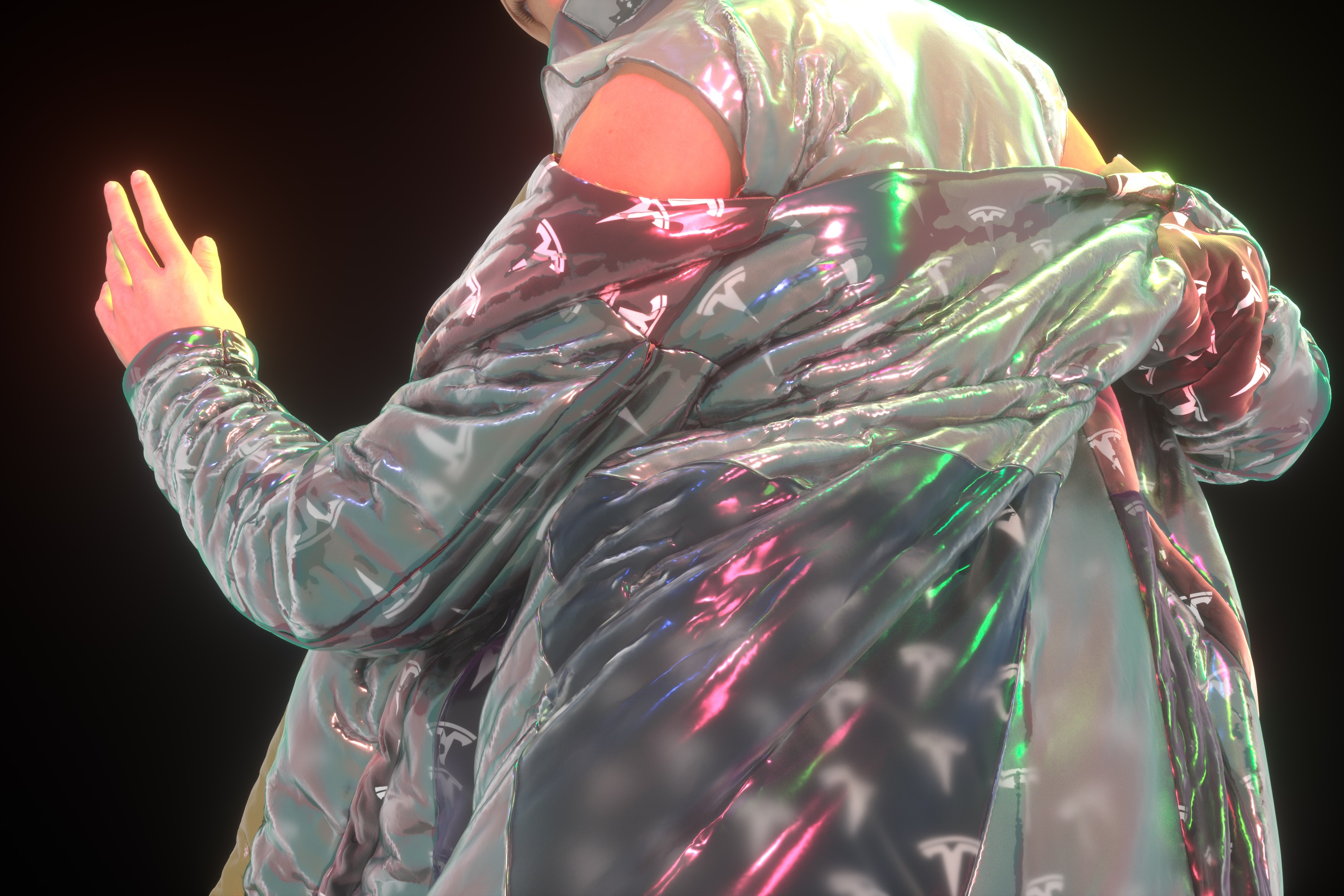 Digital avatar clad in speculative fashion, captured mid-motion in neon-lit still from Charter X animation
